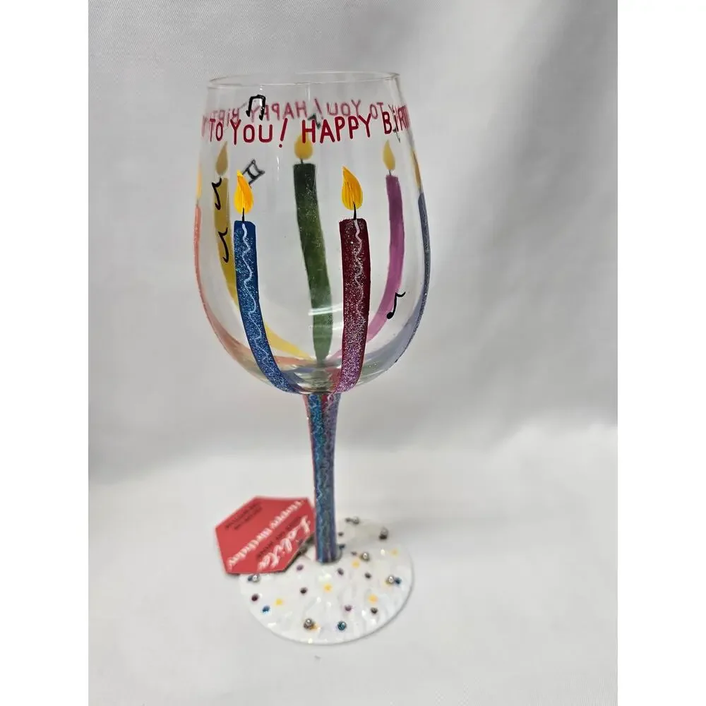 Lolita Love My Wine HAPPY BIRTHDAY 15 oz Hand Painted Artisan Wine Glass